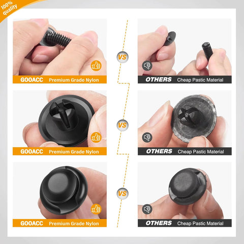 GOOACC bumper retainer clips kit; six nylon push rivets shown vs cheap plastic equivalents