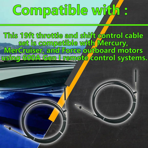 Beefed-Up Heavy Duty 19 Foot Boat Throttle And Shift Cable Set For 600A Gen I Remote Systems, Compatible With Mercury MerCruiser Force Outboard Motors, Pack Of 2