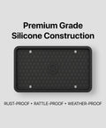 Premium Silicone License Plate Frame For Front Or Rear Mounts, Black, shown with rust-proof and weather-proof features