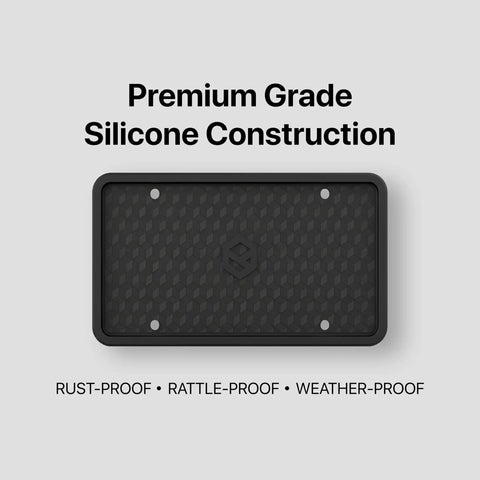 Premium Silicone License Plate Frame For Front Or Rear Mounts, Black, shown with rust-proof and weather-proof features