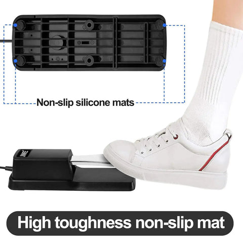 Sustain Pedal For Digital Pianos And Keyboards With Polarity Switch, Built To Last ABS Housing And Chrome Pedals, Works With Yamaha Casio MIDI Keyboards And More, Black shown with non-slip mats and foot pressing