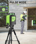 Self Leveling Laser Level With 360 Green Beam Cross Line, 360 Degree Horizontal Line And 130 Degree Vertical Coverage, Pulse Mode, Magnetic Pivoting Base For Quick Room Alignment And Precise On Site Setup in use, showing pulse mode feature with worker aligning on construction site.