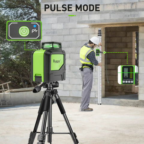 Self Leveling Laser Level With 360 Green Beam Cross Line, 360 Degree Horizontal Line And 130 Degree Vertical Coverage, Pulse Mode, Magnetic Pivoting Base For Quick Room Alignment And Precise On Site Setup in use, showing pulse mode feature with worker aligning on construction site.