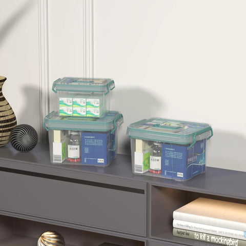 Clear Multi Layer Medicine Storage Box And First Aid Organizer For Home Office And Travel on shelf with contents visible