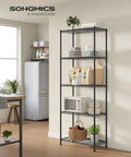 Five Tier Metal Wire Storage Shelf Unit With Adjustable Shelves For Garage Kitchen Pantry And Living Areas Ink Black Finish 11.8 Inch Deep 23.6 Inch Wide 63.4 Inch High Sturdy Durable And Easy Assembly, holding kitchen items