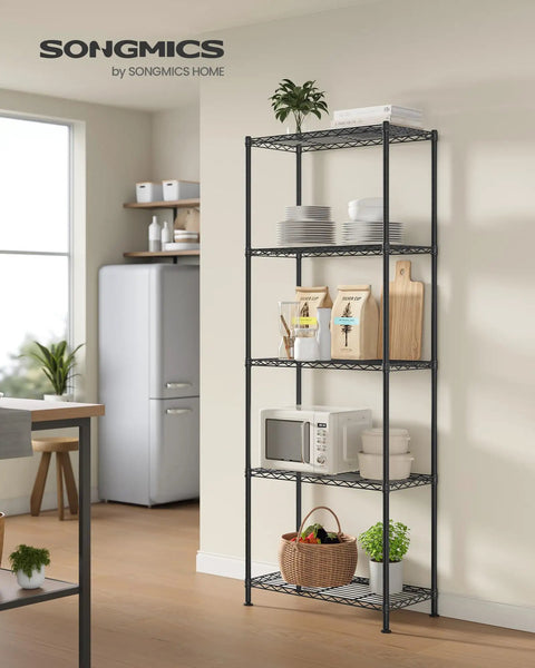 Five Tier Metal Wire Storage Shelf Unit With Adjustable Shelves For Garage Kitchen Pantry And Living Areas Ink Black Finish 11.8 Inch Deep 23.6 Inch Wide 63.4 Inch High Sturdy Durable And Easy Assembly, holding kitchen items
