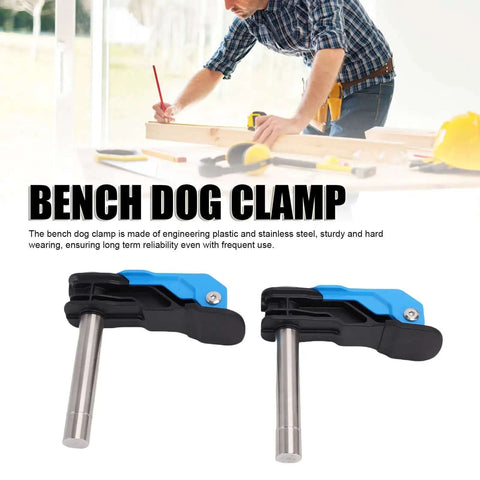 20mm Bench Dog Clamp With Arrow Storage Case for Woodworking; plastic and steel clamps on workbench, fast clamping.