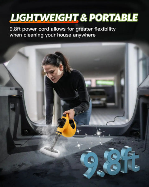 Ultimate Handheld Steam Cleaner For Home Use With 11 Accessories And 350Ml Tank in action, cleaning car upholstery with 9.8ft cord.