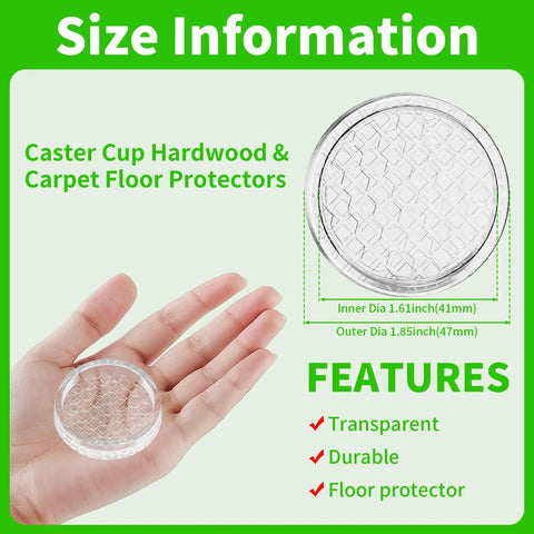 Straight Up Floor Savers Round Rubber Furniture Caster Cups 12 Piece Set Clear Non Slip Chair Coasters shown in hand with size details.