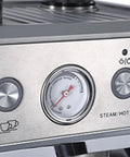 Close-up of Quick Bean To Cup Coffee Machine With Built In Grinder showing steam pressure gauge and control buttons.