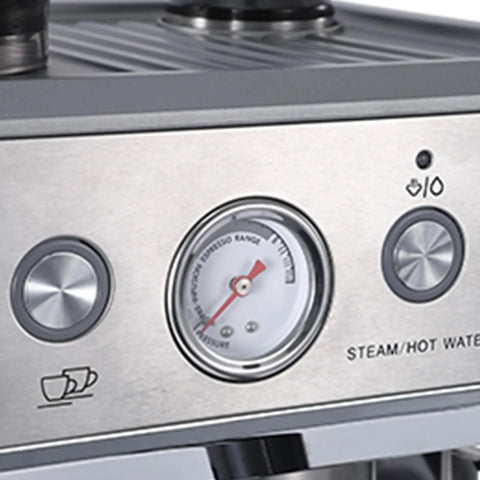 Close-up of Quick Bean To Cup Coffee Machine With Built In Grinder showing steam pressure gauge and control buttons.