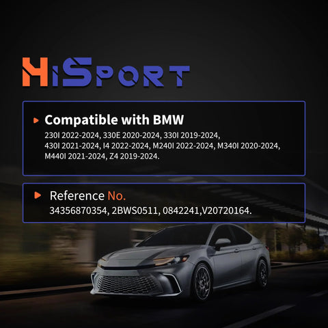 HiSport BMW rear brake pad wear sensor; compatible with 230i/330e/330i/430i, shown on a silver BMW sedan.