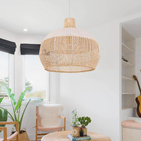 Rattan Chandelier 1 Light Boho Coastal Wicker Handwoven Pendant Light For Kitchen Dining Room Restaurants 15.74 Inch Wide 15.74 Inch High Eco Friendly Natural Material With White Accent Stripes hanging in a bright room