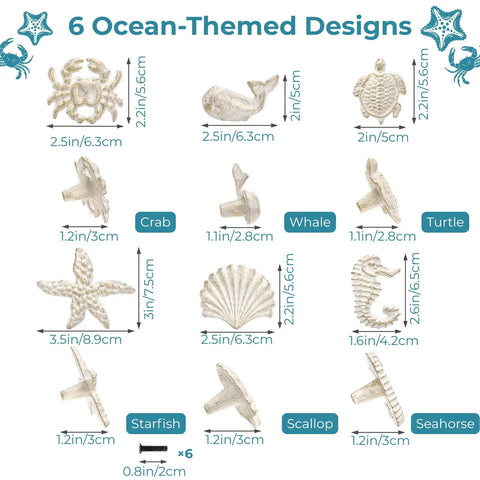 Six Ocean Themed Cabinet Knobs Set With Cast Iron Drawer Pulls For Dresser And Cupboard Includes Screws Coastal Decor With A Beachy Vibe Featuring Turtle Whale Seahorse Starfish Crab And Scallop Details Durable And Easy To Install.