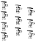 10-Piece Angle Stop Valve Set 1/2 Inch Nominal (5/8 Inch OD) Compression to 3/8 Inch OD, 1/4-Turn Inlet, Lead-Free Brass With Chrome Finish, Ideal for Hot and Cold Water Lines in Bathroom, Kitchen and Shower Plumbing, ten chrome angle stop valves