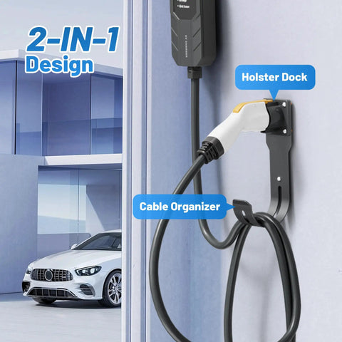 Real Deal Wall Mount EV Charger Holder Built For Everyday Drive Use Compatible With Popular J1772 Type 1 Connectors in use on a wall.