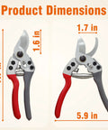 8 Inch Bypass Pruning Shears Pro Grade Garden Scissors with dimensions showing 7.7 inch height and 5.9 inch width, SK5 blade visible.