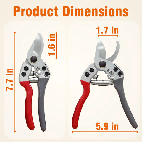 8 Inch Bypass Pruning Shears Pro Grade Garden Scissors with dimensions showing 7.7 inch height and 5.9 inch width, SK5 blade visible.