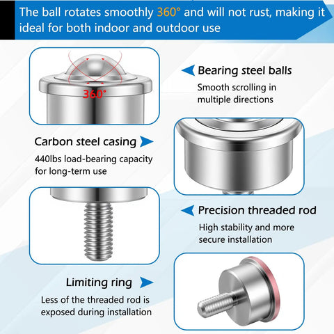 Close-up of Heavy Duty 1 Inch Steel Ball Transfer Roller Casters showing 360° swivel design, carbon steel casing, precision threaded stem.