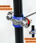 Front view of WYSIWYKA two-piece stainless steel pipe clamp with blue silicone pad for 25–27mm OD pipe, adjustable height.