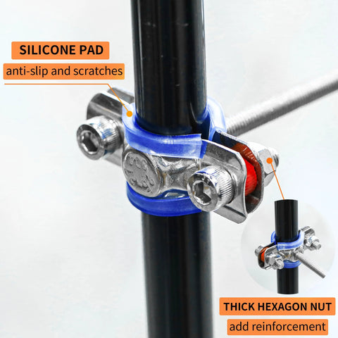 Front view of WYSIWYKA two-piece stainless steel pipe clamp with blue silicone pad for 25–27mm OD pipe, adjustable height.