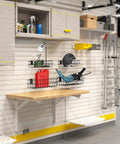 4 Pack Heavy Duty Slatwall Baskets Set For Garage And Shop Organization, Built To Last Metal Slat Wall Storage Bins shown installed