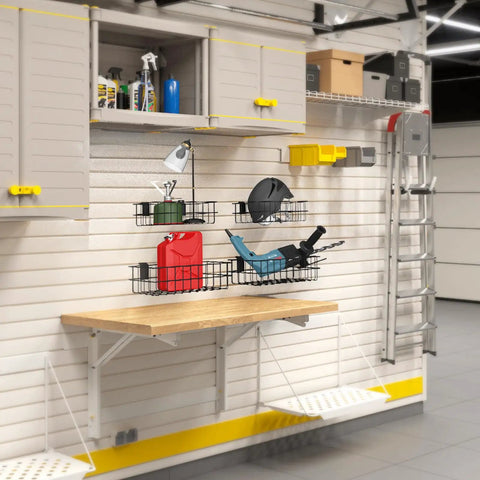 4 Pack Heavy Duty Slatwall Baskets Set For Garage And Shop Organization, Built To Last Metal Slat Wall Storage Bins shown installed