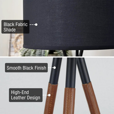 Close-up of 60 Inch Tripod Floor Lamp In Brushed Nickel With Gray Linen Drum Shade showing black shade and leather legs.