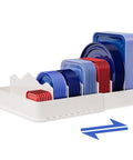 Side view of Expandable Food Storage Lid Organizer With Six Adjustable Dividers And 30 Writable Labels Holds Dozens Of Lids From 9.8 To 17.3 Inches Keeps Cabinets Neat And Lids Accessible In White