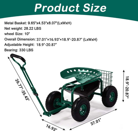 Garden Cart With Rolling Seat And Adjustable Handle, 360 Degree Rotating Stool, Handy Tool Tray, Easy-To-Move Yard Wagon