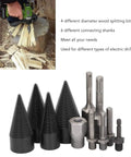 Tough As Nails 11 Piece Firewood Splitting Drill Bit Set With Heavy Carbon Steel Cone Bits In 32mm 38mm 45mm And 50mm For Power Drills, showing drill bits and shanks.