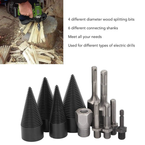 Tough As Nails 11 Piece Firewood Splitting Drill Bit Set With Heavy Carbon Steel Cone Bits In 32mm 38mm 45mm And 50mm For Power Drills, showing drill bits and shanks.