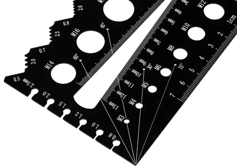 Two black metal thread-pitch gauges (ME210G) with metric and imperial scales and circular holes.