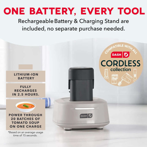 No Cord Hassle Cordless Immersion Blender Featuring Drop Proof Stainless Steel Blades And Spacious 24 Oz Mixing Cup charging stand and lithium battery.