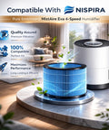 2 Pack PEHUMEVA Eva Replacement Filter for MistAire Eva 4-Speed Humidifier in a living room setting with icons for compatibility and performance