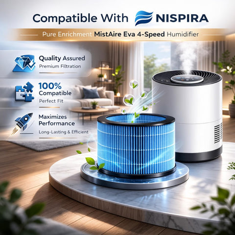 2 Pack PEHUMEVA Eva Replacement Filter for MistAire Eva 4-Speed Humidifier in a living room setting with icons for compatibility and performance