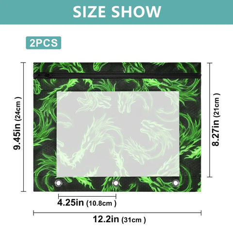 Zippered Coupon And Card Organizer Case That Clips Into A Three Ring Binder with Green Dragon Heads design, size dimensions shown.