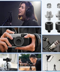 6 Piece Hella Solid Aluminum Threaded Converter Kit Quick Swap 1/4 Male To 3/8 Female And 3/8 Male To 1/4 Female Adapter shown with cameras and microphones.