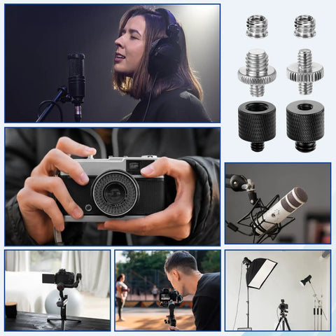 6 Piece Hella Solid Aluminum Threaded Converter Kit Quick Swap 1/4 Male To 3/8 Female And 3/8 Male To 1/4 Female Adapter shown with cameras and microphones.
