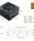 650W 80 Plus Gold Certified Non Modular ATX Power Supply With 6 Plus 2 Pin Connectors PFC Protection And RoHS Compliance 120mm Silent Fan Gaming PSU GN650 Black with dimensions and specifications shown.