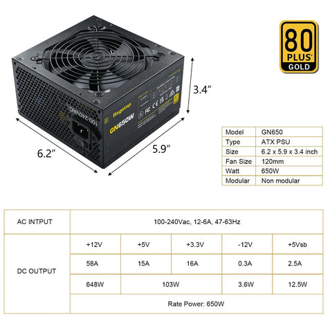 650W 80 Plus Gold Certified Non Modular ATX Power Supply With 6 Plus 2 Pin Connectors PFC Protection And RoHS Compliance 120mm Silent Fan Gaming PSU GN650 Black with dimensions and specifications shown.