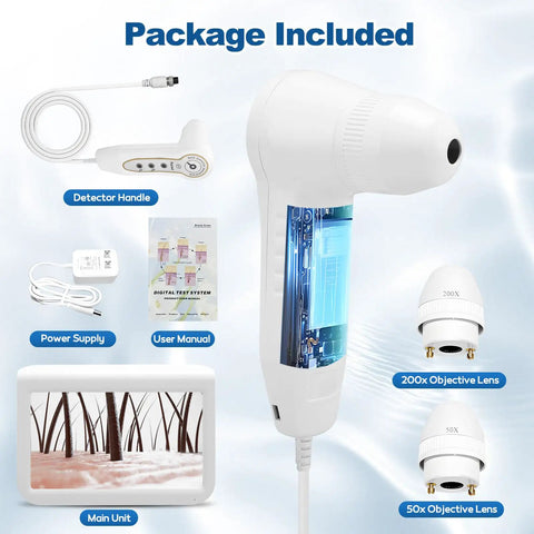 10.2 Inch Skin And Hair Analyzer Pro Grade Gear with LCD screen and dual lens, package contents including power supply and user manual.