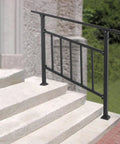 Rock-Solid 4-Step Steel Stair Railing with Integrated Fence Safety Barrier Features Tough Baked-On Finish, installed on outdoor steps.