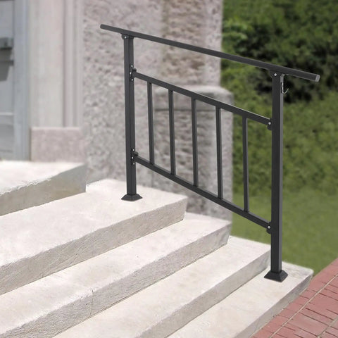Rock-Solid 4-Step Steel Stair Railing with Integrated Fence Safety Barrier Features Tough Baked-On Finish, installed on outdoor steps.