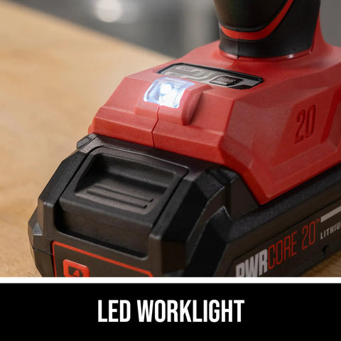 Close-up of 20V Brushless Cordless Impact Wrench Kit With 2.0Ah Battery And 60 Watt Charger, LED worklight feature shown