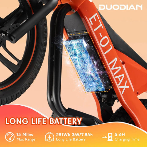 Kids Electric Bike With 350W Motor 36V 7.8Ah Battery Zippy Up To 15.5 MPH, 15 Mile Range, 16 Inch Pneumatic Tires, Off Road Balance Bike For Ages 6 And Up, Youth All Terrain Electric Bicycle close-up of frame battery and rear wheel