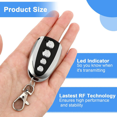 Hand holding 12 Pack Dope Universal Gate Remote Control 433.92 MHz Opener Duplicator Key Fob Kit For Garage Doors, black and silver