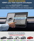 Tesla touchscreen showing CCS adapter support enabled for Premium 2In1 Ccs And J1772 To Tesla Charging Adapter Compatible With 2021 Through 2026 Model 3 Y S X.