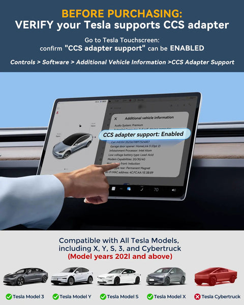 Tesla touchscreen showing CCS adapter support enabled for Premium 2In1 Ccs And J1772 To Tesla Charging Adapter Compatible With 2021 Through 2026 Model 3 Y S X.