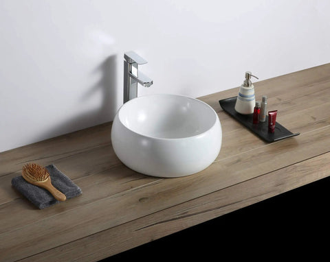Top Mount 12 Inch Round White Vessel Sink For Bathroom Vanity, Durable Solid Porcelain Ceramic Construction, Above Counter Installation